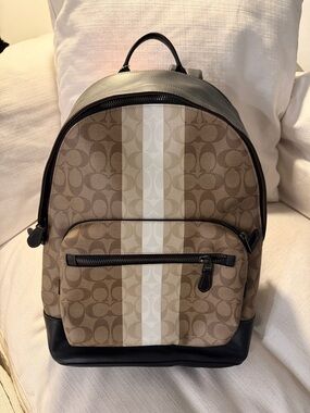 Coach Monogram Canvas Backpack with Cream Center Stripe and Black Trim